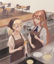 Rule 34 | 2girls, apron, beige shirt, blonde hair, blue eyes, blush, bowl, braid, breasts, brown apron, brown hair, closed mouth, collarbone, collared shirt, commentary, cooking, food, french braid, frying pan, g36 (girls&#039; frontline), girls&#039; frontline, green eyes, hair between eyes, hair ribbon, hair rings, holding, holding frying pan, holding spatula, index finger raised, indoors, kitchen, long hair, long sleeves, medium breasts, multiple girls, open mouth, pancake, plate, ponytail, ribbon, shirt, sidelocks, sleeves rolled up, smile, spatula, springfield (girls&#039; frontline), srm463, very long hair, whisk, white shirt