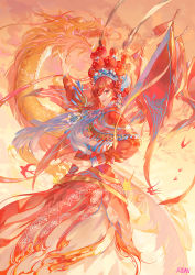 Rule 34 | 1girl, arm up, atdan, bird, capelet, chinese clothes, chiyu (synthesizer v), cloud, dragon, dress, eastern dragon, feather hair ornament, feathers, fire, flag, flower, hair flower, hair ornament, headpiece, highres, long sleeves, looking at viewer, open mouth, red dress, red eyes, red hair, red theme, short hair with long locks, signature, smile, solo, swallow (bird), synthesizer v, tassel