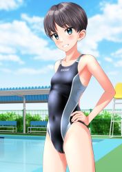 Rule 34 | 1girl, absurdres, bench, black hair, black one-piece swimsuit, blue sky, breasts, cameltoe, clothes writing, cloud, commentary request, competition swimsuit, covered navel, day, fence, green eyes, grin, hands on own hips, highres, lifeguard chair, multicolored clothes, multicolored swimsuit, one-piece swimsuit, original, outdoors, pool, poolside, short hair, sky, small breasts, smile, solo, swimsuit, takafumi
