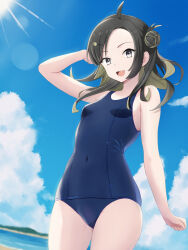 Rule 34 | 1girl, ahoge, black hair, blue one-piece swimsuit, blue sky, breasts, cloud, colored inner hair, covered navel, day, double bun, dutch angle, forehead, green hair, hair bun, highres, kantai collection, kotou yogen, long hair, makinami (kancolle), multicolored hair, one-piece swimsuit, outdoors, sky, small breasts, smile, solo, sun, swimsuit