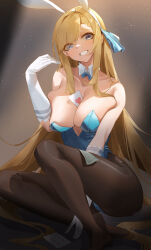 1girl absurdres animal_ear_hairband animal_ears asuna_(blue_archive) asuna_(bunny)_(blue_archive) banknote bare_shoulders between_breasts black_pantyhose blonde_hair blue_archive blue_bow blue_bowtie blue_eyes blue_leotard blue_ribbon blush bow bowtie breasts breasts_squeezed_together card card_between_breasts cleavage collarbone commentary dark_background detached_collar fake_animal_ears floating_hair full_body gloves grin hair_over_breasts hair_over_one_eye hair_ribbon hairband hand_up head_tilt heart highleg highleg_leotard highres large_breasts legs leotard light_particles long_hair looking_at_viewer low_neckline money no_shoes official_alternate_costume on_floor pantyhose playboy_bunny playing_card rabbit_ear_hairband rabbit_ears ribbon simple_background sitting smile solo summer_(724788381) symbol-only_commentary undersized_breast_cup very_long_hair white_gloves white_hair