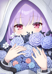 Rule 34 | 1girl, atsuko (blue archive), blue archive, blush, bouquet, commentary, covered mouth, english commentary, flower, highres, holding, holding bouquet, hood, jacket, looking at viewer, purple hair, red eyes, solo, upper body, white hood, white jacket, yuki7128