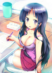 Rule 34 | 1girl, akiyama mio, areola slip, bare shoulders, bed, black hair, blush, book, breasts, cleavage, collarbone, k-on!, kashi, large breasts, long hair, looking at viewer, open book, open mouth, panties, pen, pillow, purple eyes, sitting, solo, thighhighs, tissue, tissue box, trash can, underwear, white panties, white thighhighs