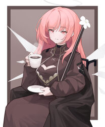 Rule 34 | 1girl, absurdres, arknights, black dress, black jacket, boki-jg, cleavage cutout, closed mouth, clothing cutout, commentary, cowboy shot, cup, detached wings, dress, expressionless, halo, hands up, highres, holding, holding cup, holding saucer, jacket, unworn jacket, lemuen (arknights), light blush, long hair, long sleeves, looking at viewer, pink eyes, pink hair, ripples, saucer, sitting, solo, split mouth, steam, teacup, wheelchair, wings