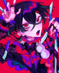 Rule 34 | 1boy, arm up, between fingers, black bow, black hair, black shirt, bow, crossed bangs, fang, frilled sleeves, frills, hair bow, highres, himanemuitoma, holding, holding knife, knife, knives between fingers, long sleeves, looking at viewer, medium hair, mismatched pupils, neck ruff, open mouth, original, pom pom (clothes), ras (himanemuitoma), red background, red bow, red eyes, red pom poms, red trim, shirt, skin fang, solo, striped clothes, striped sleeves, sweat, symbol-shaped pupils, tongue, upper body, v-shaped eyebrows, vertical-striped clothes, vertical-striped sleeves, white pom poms