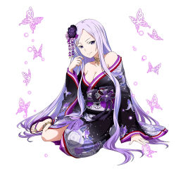 Rule 34 | 1girl, artist request, bare shoulders, breasts, bug, butterfly, cleavage, clog sandals, colorful, feet, flower, hair flower, hair ornament, highres, insect, japanese clothes, jewelry, kimono, long hair, looking at viewer, medium breasts, necklace, no bra, okobo, purple eyes, purple hair, quinella, sandals, sword art online, sword art online: alicization, very long hair, white background