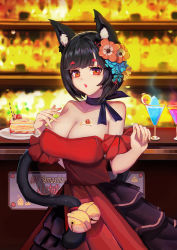 Rule 34 | 1girl, absurdres, animal ear fluff, animal ears, azur lane, bare shoulders, bell, black hair, breasts, cat ears, cat tail, character name, cleavage, collarbone, dress, flower, food on body, food on breasts, hair flower, hair ornament, hands up, highres, indoors, jianshu, jingle bell, large breasts, looking at viewer, open mouth, red dress, red eyes, solo, tail, tail bell, tail ornament, yamashiro (azur lane), yamashiro (dressy black cat) (azur lane)