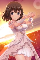 Rule 34 | 1girl, absurdres, alternative girls, armor, asahina nono, breasts, brown hair, cleavage, cloud, dress, highres, looking at viewer, ocean, official art, open mouth, pauldrons, purple eyes, short hair, shoulder armor, solo, sun, sunlight, sunset, white dress, white wristband