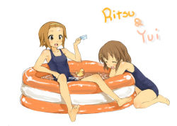 Rule 34 | 00s, 2girls, barefoot, closed eyes, feet, food, hamao, hirasawa yui, k-on!, multiple girls, one-piece swimsuit, open mouth, popsicle, round teeth, rubber duck, school swimsuit, smile, soles, swimsuit, tainaka ritsu, teeth, wading pool