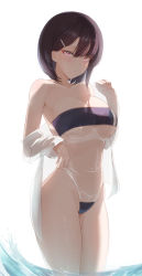 Rule 34 | 1girl, backlighting, blush, breasts, can zhu, casual one-piece swimsuit, cleavage, covered navel, cowboy shot, dress shirt, gris swimsuit, hair ornament, hairclip, hand up, highleg, highleg swimsuit, highres, large breasts, long sleeves, looking at viewer, meme attire, mole, mole on thigh, navel, off shoulder, one-piece swimsuit, open clothes, open shirt, original, parted lips, purple eyes, purple hair, see-through one-piece swimsuit, see-through swimsuit, shirt, short hair, simple background, sleeves past wrists, standing, strapless, strapless one-piece swimsuit, swimsuit, thighs, underboob, undressing, wading, water, wet, white background, white shirt