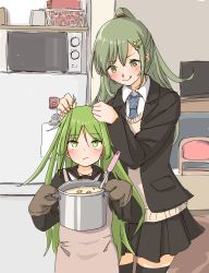 Rule 34 | 2girls, black footwear, black serafuku, chair, closed mouth, crescent, crescent hair ornament, food, green eyes, green hair, hair ornament, hairclip, hand on another&#039;s head, highres, kantai collection, kitchen, ladle, microwave, miniskirt, mother and daughter, multiple girls, nagatsuki (kancolle), necktie, oven mitts, po0000000000, ponytail, pot, refrigerator, school uniform, serafuku, skirt, suzuya (kancolle), table, thighhighs, tongue, tongue out, upper body