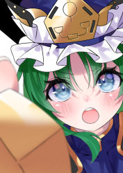Rule 34 | 1girl, :o, blue eyes, blurry, blurry foreground, blush, depth of field, face, foreshortening, green hair, hair between eyes, hat, highres, looking at viewer, ninniku (mfu7324), open mouth, shiki eiki, simple background, solo, touhou, white background