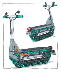 Rule 34 | absurdres, artistic error, caterpillar tracks, commentary, gatling santouhei, handlebar, headlight, highres, license plate, motorized scooter, multiple views, no humans, object focus, original, shadow, side-view mirror, vehicle focus, wheel, white background, wire