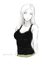 Rule 34 | 1girl, breasts, collarbone, large breasts, lips, long hair, looking at viewer, monochrome, original, poaro, simple background, solo, spot color, tank top, twitter username, upper body, white background