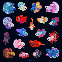 Rule 34 | animal, animal focus, artist name, black background, black eyes, closed mouth, commentary request, fins, fish, from side, mixed-language commentary, no humans, open mouth, original, photoshop (medium), pikaole, siamese fighting fish, simple background, smile, solid circle eyes, fish tail, watermark
