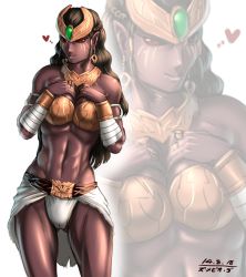 Rule 34 | 1girl, abs, arm wrap, armband, armor, bare shoulders, bikini armor, black hair, breasts, cameltoe, cleavage, colored sclera, cowboy shot, dark skin, dark-skinned female, earrings, forehead jewel, forehead protector, heart, jewelry, kamen rider, kamen rider kuuga (series), large breasts, muscle, muscular, muscular female, neck ring, nose, pointy ears, red eyes, red sclera, ring, showgirl skirt, smile, solo, taikyokuturugi, thighs, upper body, zoom layer, zu-mebio-da