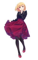 Rule 34 | 1girl, black pantyhose, blonde hair, blush, brown eyes, character request, copyright request, full body, hair ornament, hairclip, highres, long sleeves, looking at viewer, narumi nanami, open mouth, pantyhose, red footwear, red skirt, short hair, simple background, skirt, smile, solo, white background
