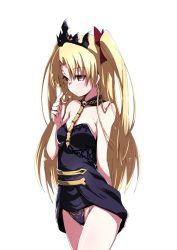 Rule 34 | 1girl, arm behind back, bare shoulders, between breasts, black dress, black panties, blonde hair, breasts, cape, closed eyes, cowboy shot, detached collar, dress, earrings, ereshkigal (fate), fate/grand order, fate (series), gold trim, hair ribbon, twirling hair, heart, jewelry, kaname nagi, light particles, long hair, microdress, panties, red cape, red eyes, red ribbon, ribbon, skull, small breasts, solo, strapless, strapless dress, tiara, tohsaka rin, two side up, underwear, white background