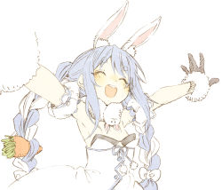 Rule 34 | 1girl, abara heiki, animal ear fluff, animal ears, arm cuffs, armpits, black gloves, blue hair, blush, braid, breasts, carrot, carrot hair ornament, closed eyes, cowboy shot, dress, food-themed hair ornament, fur-trimmed gloves, fur scarf, fur trim, gloves, hair ornament, hololive, long hair, looking at viewer, multicolored hair, off-shoulder dress, off shoulder, open mouth, outstretched arms, rabbit ears, simple background, small breasts, smile, solo, thick eyebrows, twin braids, twintails, two-tone hair, usada pekora, usada pekora (1st costume), virtual youtuber, white background, white dress, white hair