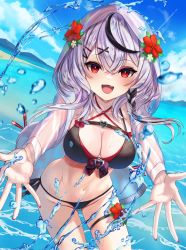 Rule 34 | 1girl, :d, beach, bikini, black bikini, blue sky, bow, breasts, buckle, cloud, day, fang, floating hair, flower, grey hair, groin, hair flower, hair ornament, heart, heart-shaped buckle, hibiscus, highres, hololive, hood, hood up, hoodie, inari (ambercrown), large breasts, layered bikini, leaning forward, long hair, nail polish, navel, open hands, open mouth, outdoors, outstretched arms, plaid, plaid bow, red bikini, red eyes, red flower, red nails, sakamata chloe, see-through, sky, smile, solo, splashing, stomach, swimsuit, thigh strap, virtual youtuber, water, white hair, white hoodie, x hair ornament