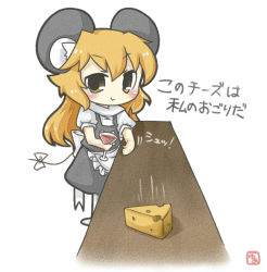 Rule 34 | 1girl, animal ears, ascii art, bad id, bad pixiv id, bar (place), black dress, bow, cheese, chibi, cocktail glass, cup, dress, drinking glass, food, kemonomimi mode, kirisame marisa, long hair, mouse ears, mouse marisa (yuasan), mouse tail, orange hair, ribbon, sharing food, simple background, sitting, solo, tail, tail ornament, tail ribbon, touhou, white background, white bow, white ribbon, yuasan