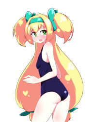 Rule 34 | 1girl, ass, blazblue, blonde hair, blush, fang, flat chest, from behind, hairband, highres, kaname nagi, long hair, looking back, one-piece swimsuit, platinum the trinity, quad tails, ribbon, school swimsuit, solo, swimsuit, symbol-shaped pupils, very long hair
