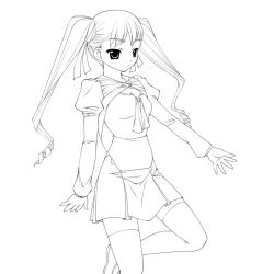 Rule 34 | 1girl, closed mouth, expressionless, eyebrows, greyscale, long hair, mashue, miniskirt, monochrome, original, outstretched arm, shirt, simple background, skirt, solo, standing, thighhighs, twintails, white background, zettai ryouiki