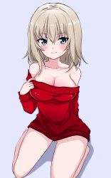 Rule 34 | 1girl, airi (akamichiaika), arm behind back, bare shoulders, blue background, blue eyes, blush, breasts, casual, cleavage, closed mouth, clothes pull, commentary, girls und panzer, highres, itsumi erika, large breasts, long sleeves, looking at viewer, medium hair, no pants, off-shoulder sweater, off shoulder, red sweater, shadow, shirt pull, silver hair, simple background, sitting, smile, solo, sweater, wariza