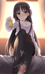 Rule 34 | 1girl, after ejaculation, aria (koiiroharemoyou), arm support, backlighting, black hair, black thighhighs, bloom, blurry, blurry background, blush, breasts, brown eyes, brown skirt, cafe stella to shinigami no chou, can, censored, cleavage, closed mouth, collared shirt, commentary request, cum, cum on clothes, cum on legs, curtains, depth of field, dress shirt, earrings, feet, flower, hair flower, hair ornament, hair ribbon, hairclip, hand up, high-waist skirt, highres, holding, holding can, indoors, jewelry, knee up, knees together feet apart, legs, long hair, long sleeves, looking at viewer, medium breasts, mole, mole under eye, mosaic censoring, no shoes, nose blush, on bed, penis, pink ribbon, red ribbon, ribbon, ribbon-trimmed thighhighs, ribbon trim, rose, shiki natsume, shirt, sidelocks, sitting, skirt, smile, soles, solo, straight hair, stud earrings, sunlight, sunset, suspender skirt, suspenders, thighhighs, toes, very long hair, white flower, white rose, white shirt, window