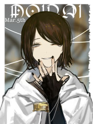 Rule 34 | 1girl, black gloves, black nails, brown hair, brown shirt, coat, elbow gloves, gloves, grey eyes, hair over one eye, library of ruina, moirai (project moon), nail polish, nishikujic, open mouth, project moon, puppet strings, shirt, short hair, smile, string, teeth, white coat