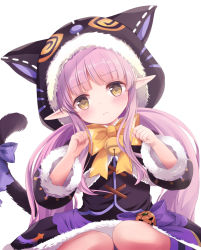 Rule 34 | 1girl, animal ears, animal hood, bell, black capelet, black jacket, black skirt, blush, bow, brown bow, brown eyes, capelet, cat hood, cat tail, closed mouth, commentary request, fake animal ears, fur-trimmed capelet, fur-trimmed hood, fur-trimmed skirt, fur-trimmed sleeves, fur trim, hands up, head tilt, hood, hood up, hooded capelet, jacket, jingle bell, kyoka (halloween) (princess connect!), kyoka (princess connect!), light frown, long hair, long sleeves, looking at viewer, pointy ears, princess connect!, purple bow, purple hair, sakura (ichisakupink), simple background, sitting, skirt, socks, solo, striped clothes, striped socks, tail, tail bow, tail ornament, tail raised, twintails, very long hair, wariza, white background