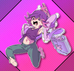 1girl absurdres antenna_hair barefoot bright_pupils buttons cardigan clothes_lift commentary_request creatures_(company) dot_(pokemon) full_body game_freak green_pants hammer highres holding holding_hammer looking_down lower_teeth_only medium_hair navel nintendo open_cardigan open_clothes open_mouth outline pants plus_ta pokemon pokemon_(anime) pokemon_horizons purple_cardigan purple_eyes purple_hair shirt shirt_lift solo teeth toes tongue white_pupils