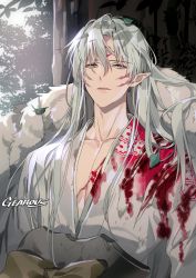 Rule 34 | 1boy, artist name, blood, blood on clothes, closed eyes, collarbone, facial mark, forehead mark, fur trim, gearous, hair between eyes, highres, inuyasha, japanese clothes, kimono, leaf, long hair, looking at viewer, male focus, outdoors, parted lips, pointy ears, sesshoumaru, silver hair, solo, tree, upper body
