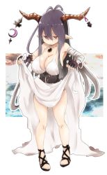 Rule 34 | 1girl, antenna hair, bandages, bandaged arm, black gloves, black hair, breasts, cleavage, closed mouth, danua, draph, dress, fingerless gloves, full body, gloves, granblue fantasy, hachimitsucoffee, hair between eyes, horn ornament, horns, jewelry, jitome, large breasts, long hair, looking at viewer, necklace, pointy ears, red eyes, sandals, skirt hold, sleeveless, sleeveless dress, solo, standing, very long hair, white background, white dress, aged down