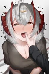 Rule 34 | 1girl, 1other, ?, ahoge, antenna hair, arknights, artist name, bed sheet, blurry, blush, breasts, breath, brown shirt, cleavage, commentary request, demon girl, demon horns, drooling, dyed ahoge, eroborne, eyelashes, facing viewer, finger in another&#039;s mouth, from above, gradient background, grey background, grey hair, hair between eyes, half-closed eye, hand on another&#039;s cheek, hand on another&#039;s face, heart, horns, hypnosis, large breasts, long sleeves, looking at object, looking up, mind control, nose blush, official alternate costume, on bed, open mouth, orange eyes, pendulum, pov, pov hands, red horns, rolling eyes, shadow, shirt, short hair, short sleeves, signature, sitting, slit pupils, solo focus, steam, t-shirt, teeth, tongue, tongue out, upper body, upper teeth only, v-neck, w (arknights), w (fugue) (arknights)