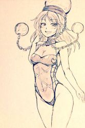 Rule 34 | 1girl, alternate costume, bare legs, breasts, chain, collar, commentary request, competition swimsuit, covered navel, cowboy shot, d-m (dii emu), earth (ornament), eyelashes, greyscale, hecatia lapislazuli, looking at viewer, monochrome, moon (ornament), multicolored clothes, multicolored skirt, one-piece swimsuit, open mouth, skirt, swimsuit, touhou