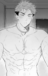 Rule 34 | 1boy, abs, absurdres, choker, closed mouth, facial mark, highres, implied yaoi, itadori yuuji, jujutsu kaisen, looking to the side, male focus, muscular, muscular male, nipples, pectorals, scar, scar on face, somwang 07, undercut