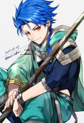 Rule 34 | 1boy, 2f sq, absurdres, blue hair, braid, closed mouth, cu chulainn (fate), dated, earrings, fate/grand order, fate/grand order arcade, fate (series), grey background, highres, hood, hood down, jewelry, looking at viewer, male focus, medium hair, red eyes, setanta (fate), simple background, single braid, sitting, smile, solo, twitter username