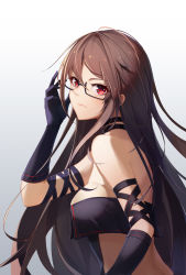 Rule 34 | 1girl, absurdres, ar (3779609928), bare shoulders, breasts, brown hair, elbow gloves, expressionless, fate/grand order, fate (series), from side, gloves, hand in own hair, highres, long hair, looking at viewer, red eyes, semi-rimless eyewear, sideboob, solo, under-rim eyewear, upper body, very long hair, white background, yu mei-ren (fate)