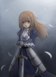 Rule 34 | 1girl, aisaka taiga, armor, armored dress, artoria pendragon (all), artoria pendragon (fate), breastplate, brown eyes, brown hair, cosplay, excalibur (fate/stay night), fate/stay night, fate (series), faulds, feathers, flat chest, gauntlets, hands on hilt, highres, long hair, puffy sleeves, revision, saber (fate), saber (fate) (cosplay), sidelocks, solo, sunimu, sword, toradora!, weapon