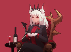 Rule 34 | 1girl, absurdres, alcohol, armchair, black pants, blunt bangs, blush, bottle, breasts, chair, closed mouth, commentary request, crossed legs, crown, cup, demon girl, demon horns, demon tail, drinking glass, gloves, helltaker, highres, horns, joker.z, large breasts, long hair, long sleeves, looking at viewer, lucifer (helltaker), mole, mole under eye, on chair, own hands together, pants, red background, red eyes, red shirt, red wine, shirt, simple background, sitting, solo, table, tail, white gloves, white hair, white horns, wine, wine bottle, wine glass