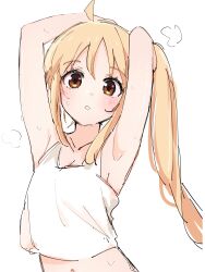 Rule 34 | 1girl, absurdres, ahoge, armpits, arms behind head, arms up, blonde hair, bocchi the rock!, brown eyes, commentary request, cropped shirt, highres, ijichi nijika, long hair, looking at viewer, midriff peek, navel, parted lips, shirt, side ponytail, sketch, sleeveless, sleeveless shirt, solo, steaming body, sweat, ukitaryu, white shirt