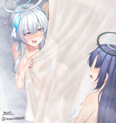 Rule 34 | 1boy, 2girls, blue archive, blush, breasts, collarbone, curtains, faceless, faceless female, furrowed brow, grey hair, halo, headphones, highres, implied sex, large breasts, long hair, looking at another, m.a.o, multiple girls, noa (blue archive), open mouth, purple eyes, purple hair, see-through silhouette, sidelocks, trembling, twitter username, upper body, yuuka (blue archive)