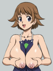 Rule 34 | 1girl, apron, blonde hair, blue eyes, blush, breasts, collarbone, gundam, gundam build divers, highres, huge breasts, lento (glamour works), looking at viewer, nanase nanami (gundam build divers), nipples, open mouth, shiny skin, short hair, simple background, smile, solo, standing, swept bangs, upper body