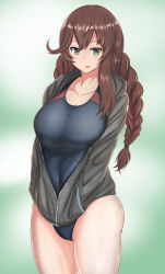 Rule 34 | 1girl, absurdres, alternate costume, black one-piece swimsuit, braid, breasts, brown hair, competition swimsuit, green eyes, green hoodie, hands in pockets, highres, hood, hood down, hoodie, huge filesize, kantai collection, large breasts, long sleeves, noshiro (kancolle), one-piece swimsuit, solo, standing, swept bangs, swimsuit, swimsuit under clothes, twin braids, user dpvt7348
