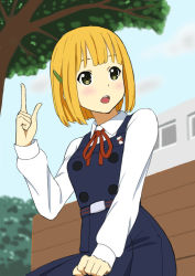 Rule 34 | 1girl, belt, bench, blonde hair, blunt bangs, blurry, blurry background, blush, buttons, clenched hand, day, dress, green eyes, hair ornament, hairclip, highres, index finger raised, long sleeves, neck ribbon, open mouth, outdoors, pinafore dress, pointing, pointing up, ribbon, school, school uniform, shirt, short hair, sitting, sleeveless dress, solo, tamako market, tokiwa midori, tree, tsukkun, white shirt