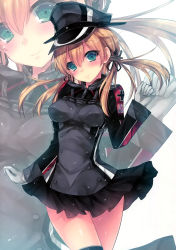 Rule 34 | 10s, 1girl, anchor hair ornament, blonde hair, blush, breasts, gloves, hair ornament, hat, highres, kantai collection, long hair, military, military uniform, peaked cap, prinz eugen (kancolle), satomura kyou, skirt, smile, solo, thighhighs, twintails, uniform, white gloves