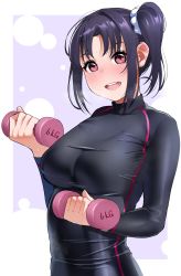 Rule 34 | 1girl, :d, blush, bodysuit, border, breasts, dumbbell, exercising, hair ornament, hair scrunchie, hands up, highres, igarashi kyouhei, kazuno sarah, long sleeves, looking at viewer, love live!, love live! sunshine!!, medium breasts, one side up, open mouth, purple background, purple hair, red eyes, round teeth, scrunchie, smile, solo, sweat, teeth, upper teeth only, white border