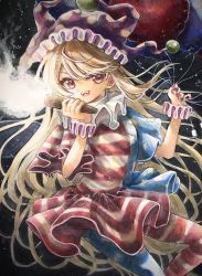 Rule 34 | 1girl, american flag, american flag dress, american flag legwear, balloon, black background, blonde hair, blue nails, clownpiece, dress, fairy, fairy wings, fang, frilled shirt collar, frills, hat, highres, hisako (6anmbblfnjueeff), jester cap, long hair, multicolored nails, nail polish, neck ruff, pantyhose, pink eyes, polka dot, red nails, solo, teeth, torch, touhou, traditional media, upper teeth only, very long hair, wavy hair, wings, wrist cuffs