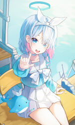 Rule 34 | 1girl, absurdres, arona (blue archive), blue archive, blue hair, blue halo, blue serafuku, blush, chair, colored inner hair, commentary, desk, e name, hairband, halo, highres, long sleeves, looking at viewer, multicolored hair, open mouth, pink hair, pleated skirt, sailor collar, school chair, school desk, school uniform, serafuku, short hair, sitting, skirt, smile, solo, symbol-only commentary, white hairband, white sailor collar, white skirt